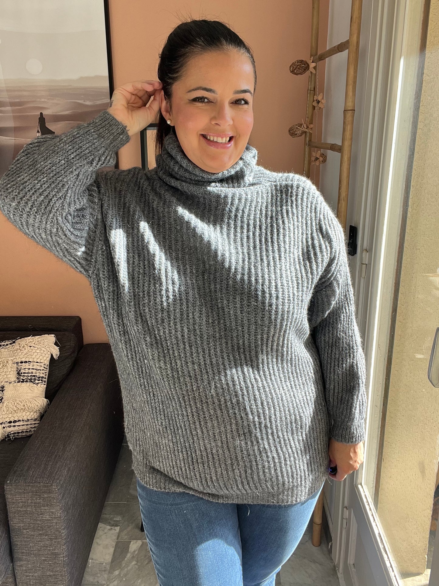 Pull col roulé gris