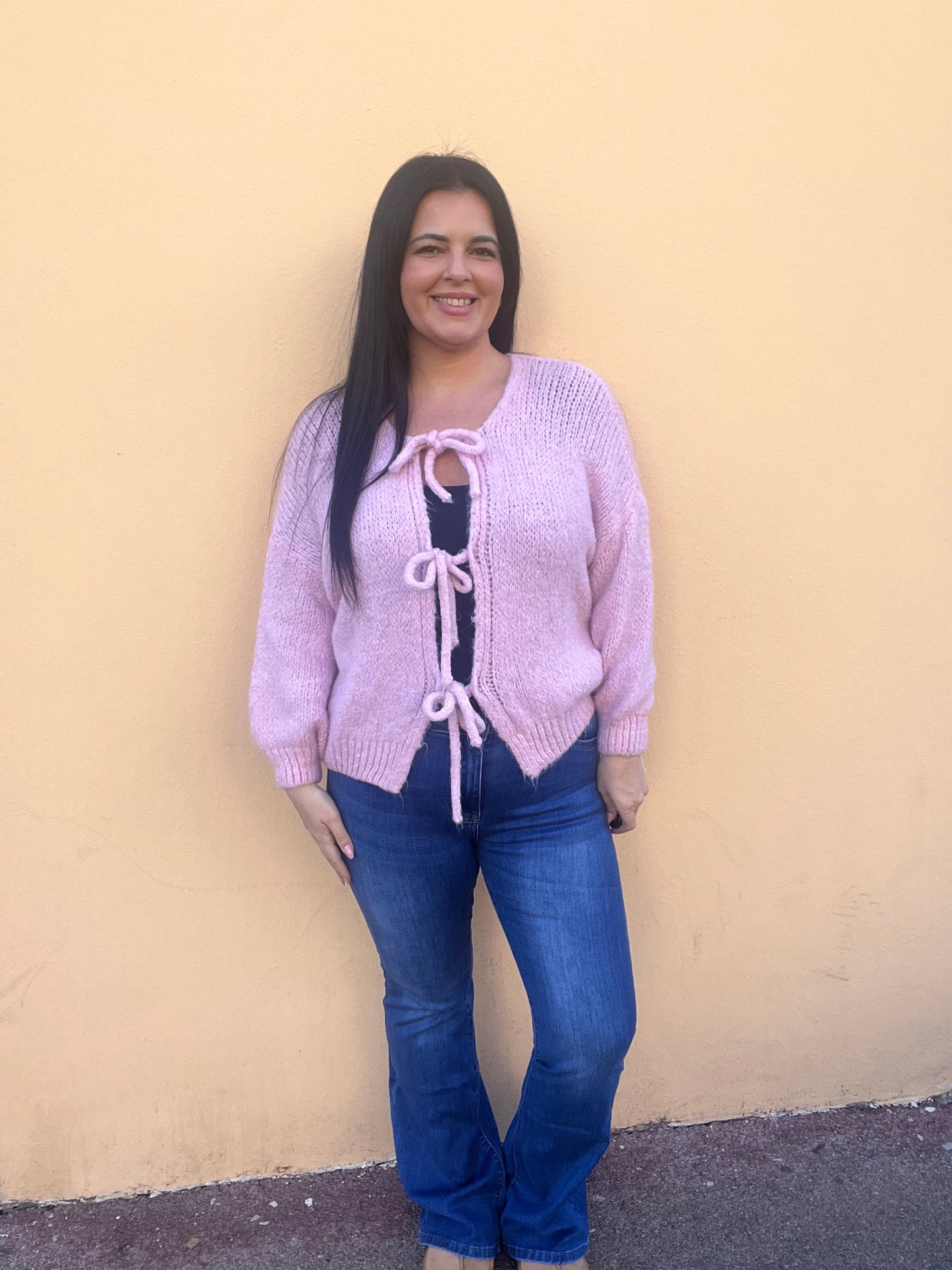 Pull laine lacets rose