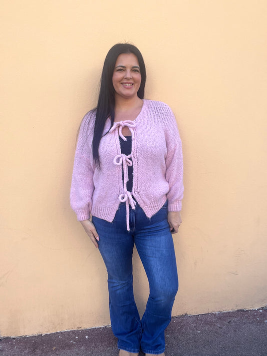 Pull laine lacets rose