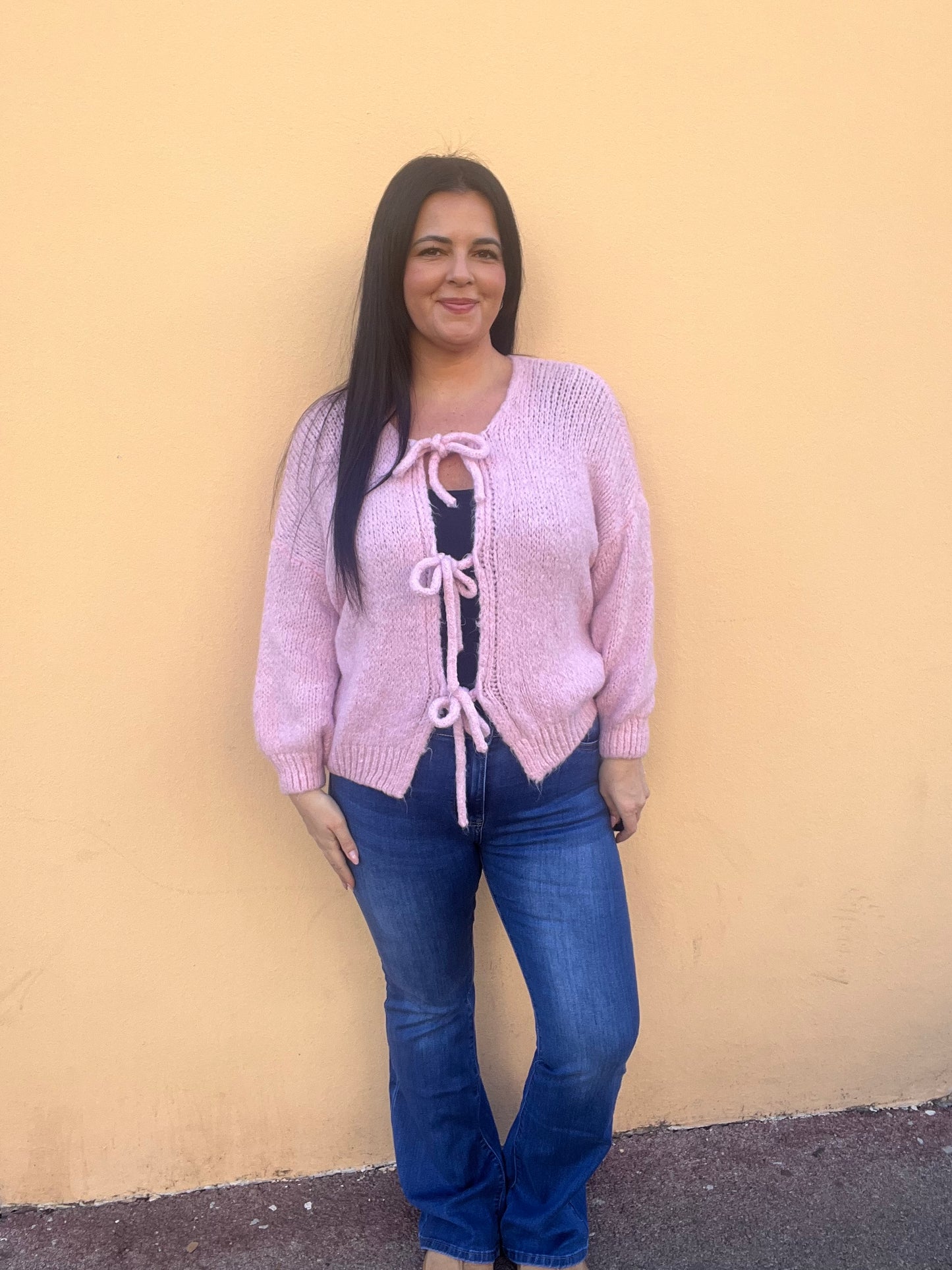 Pull laine lacets rose