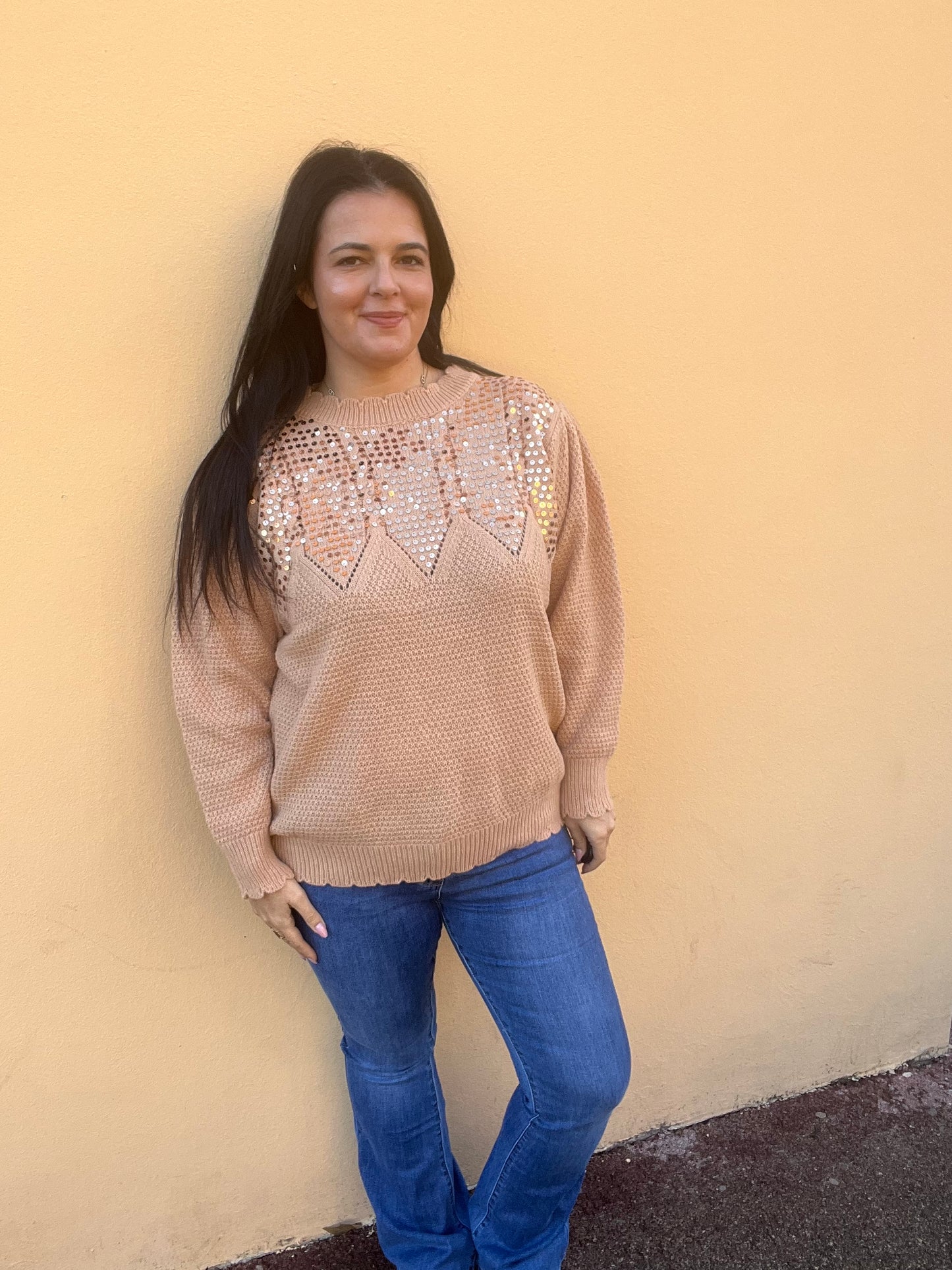 pull grande taille pailleté beige