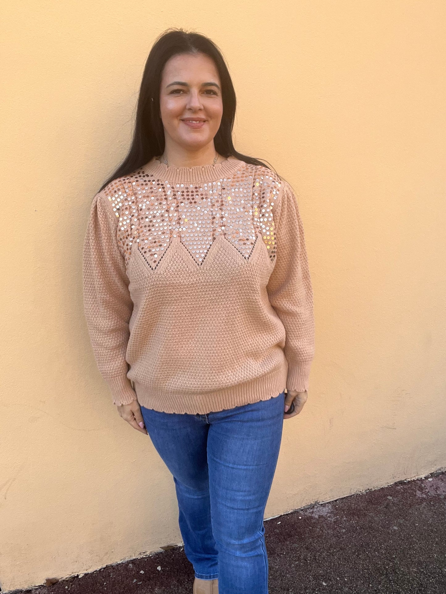 pull grande taille pailleté beige
