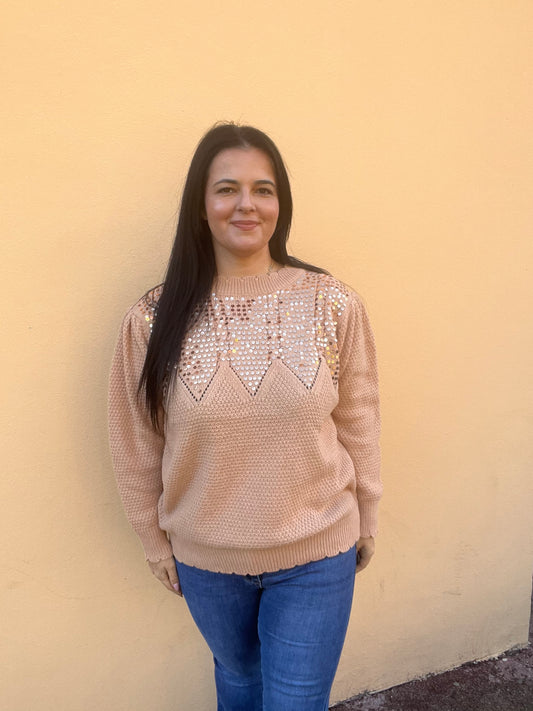 pull grande taille pailleté beige